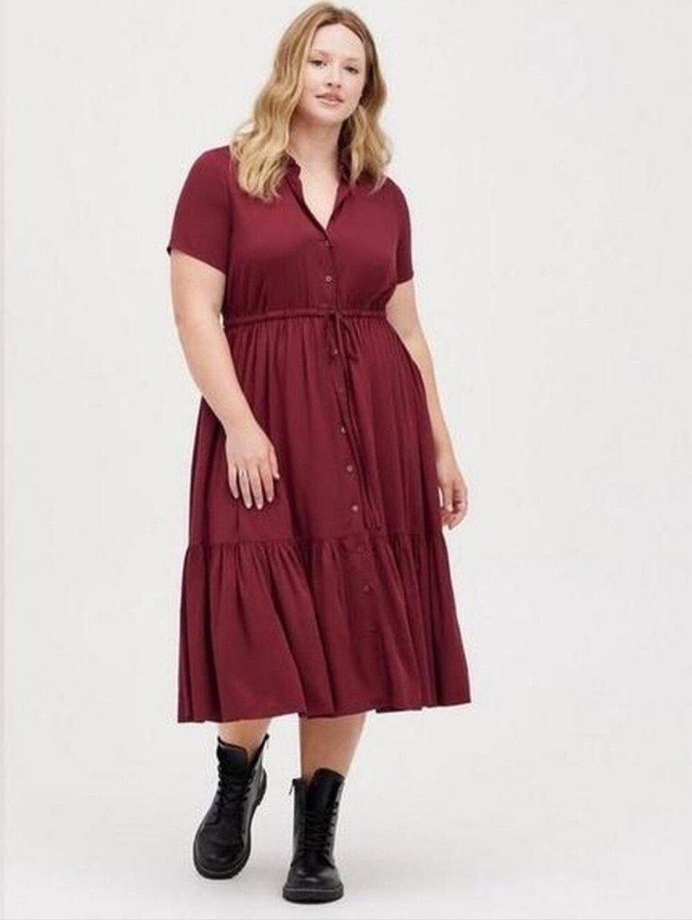 Torrid Burgundy Button Front Tiered Midi Shirt Dress Plus Size 2 Business Casual